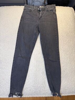 Topshop Charcoal Gray Skinny Jeans with Distressed Hem